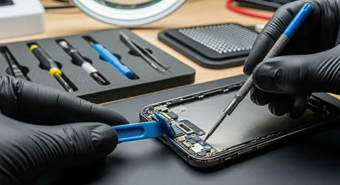 Técnico consertando um celular na bancada da RM Assistência